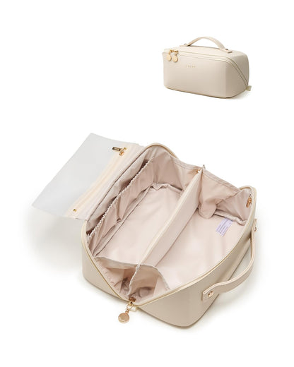 Large Flat-Open Travel Makeup Bag in Waterproof PU Leather