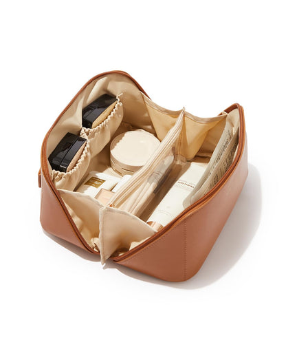 Large Flat-Open Travel Makeup Bag in Waterproof PU Leather