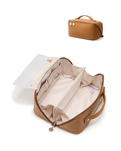 Large Flat-Open Travel Makeup Bag in Waterproof PU Leather