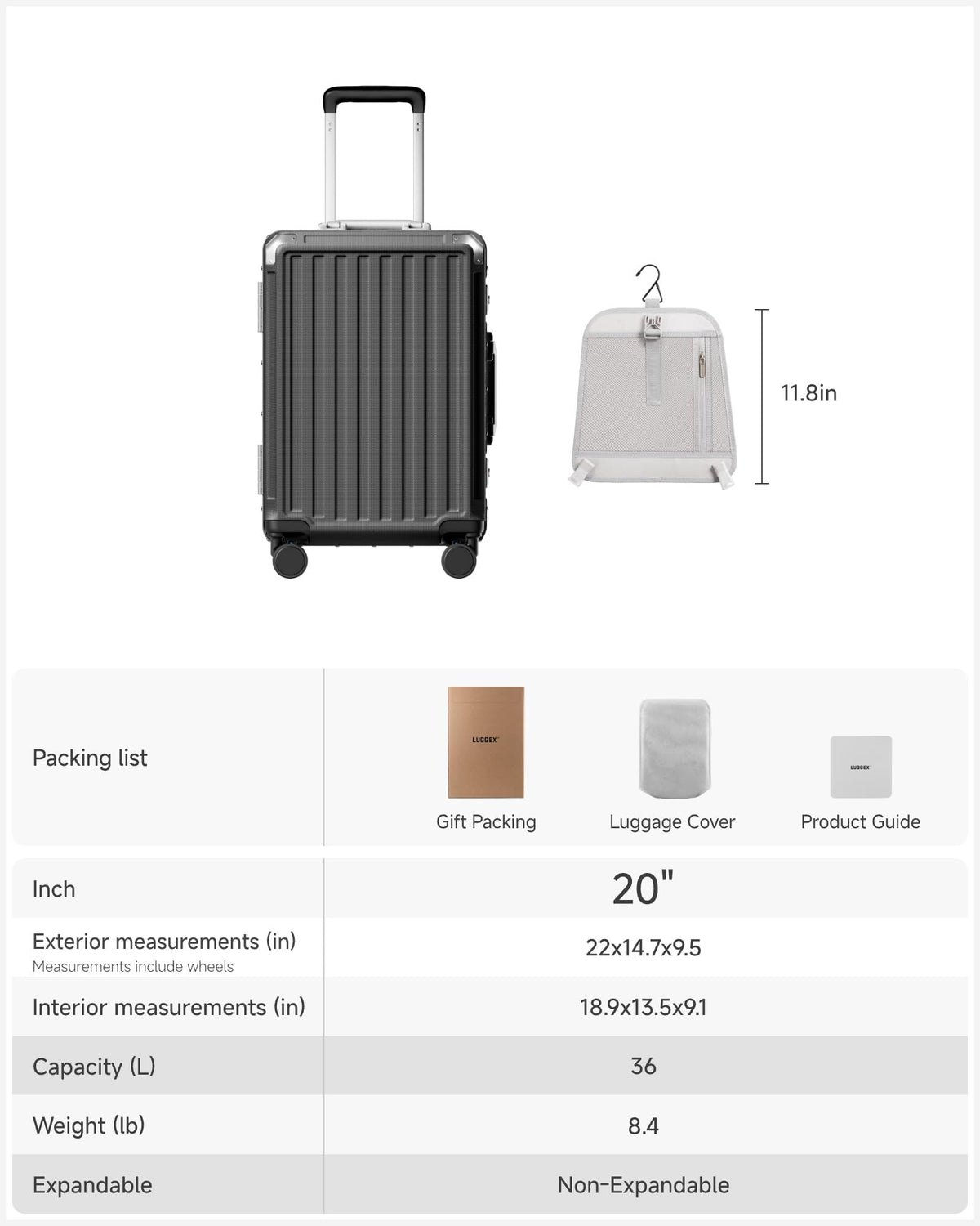 LUGGEX Carry On Zipperless Suitcase, Aluminum Frame, Charcoal Metallic, 20"