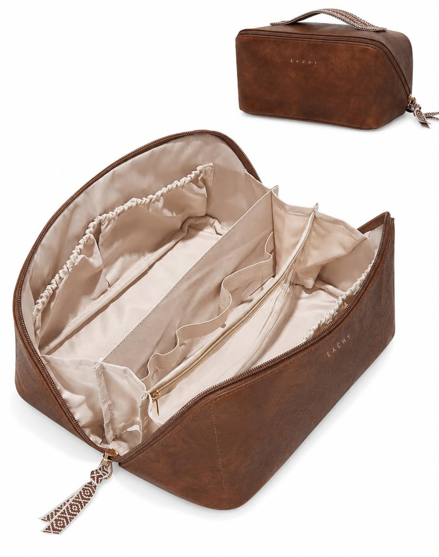 Large Flat-Open Travel Makeup Bag in Waterproof PU Leather
