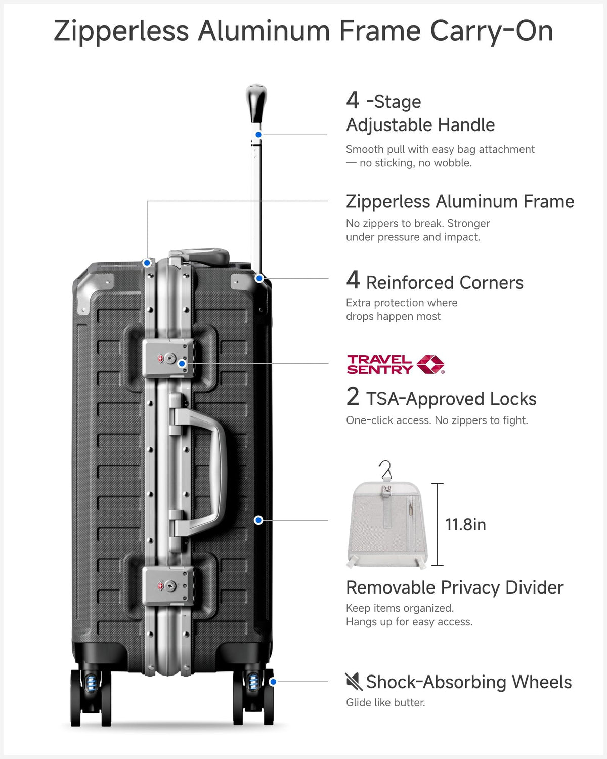 LUGGEX Carry On Zipperless Suitcase, Aluminum Frame, Charcoal Metallic, 20"