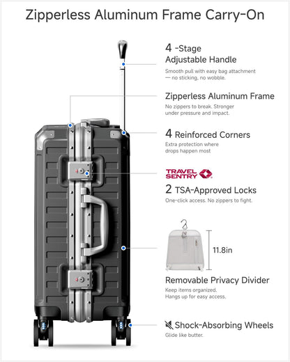 LUGGEX Carry On Zipperless Suitcase, Aluminum Frame, Charcoal Metallic, 20"