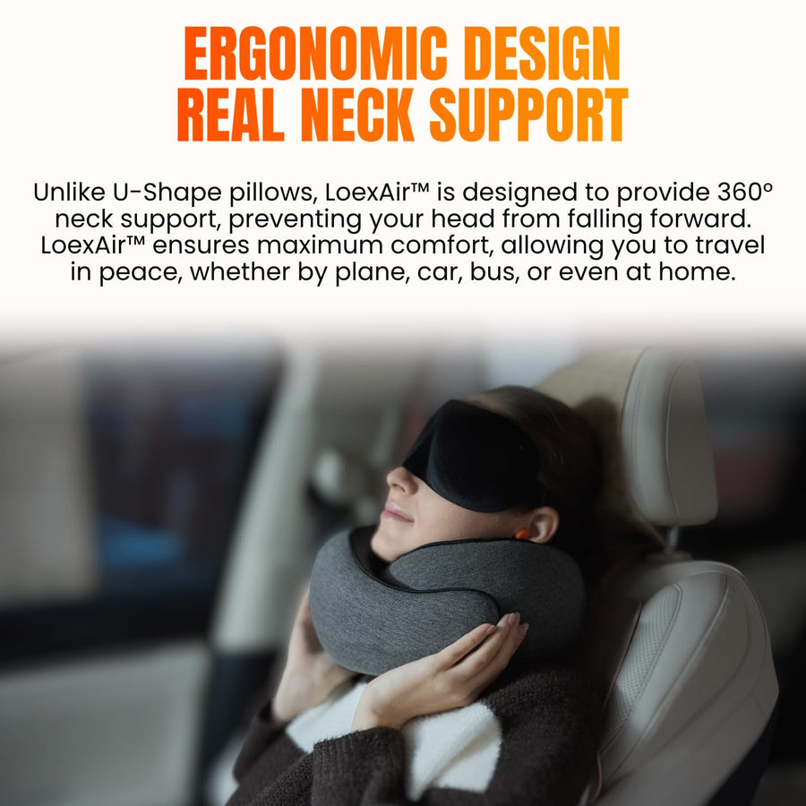 LOEXAIR™ Travel Pillow, Neck Pillow Travel for Airplane, Car - 100% Cotton Fabric & Memory Foam Plane Pillow, Lightweight & Easy-to-Carry on Flight, Full Travel Set