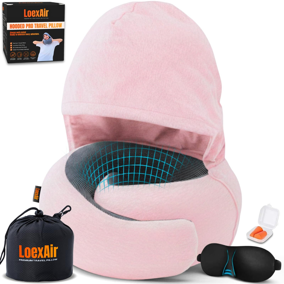 LOEXAIR™ Travel Pillow, Neck Pillow Travel for Airplane, Car - 100% Cotton Fabric & Memory Foam Plane Pillow, Lightweight & Easy-to-Carry on Flight, Full Travel Set