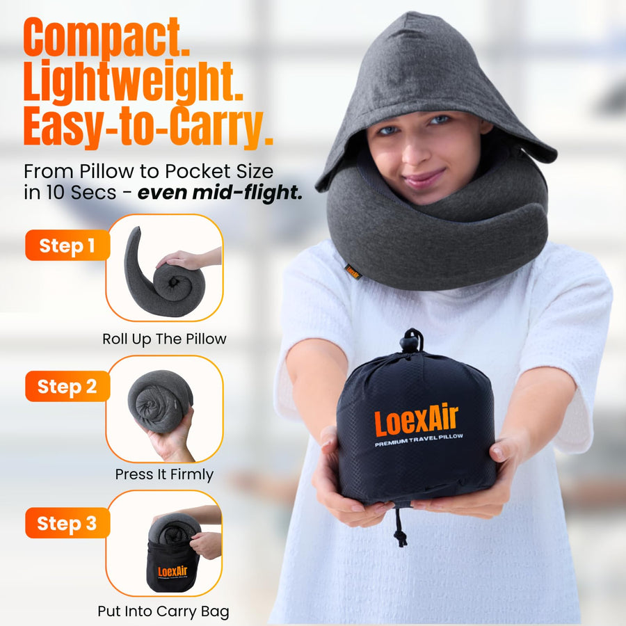 LOEXAIR™ Travel Pillow, Neck Pillow Travel for Airplane, Car - 100% Cotton Fabric & Memory Foam Plane Pillow, Lightweight & Easy-to-Carry on Flight, Full Travel Set