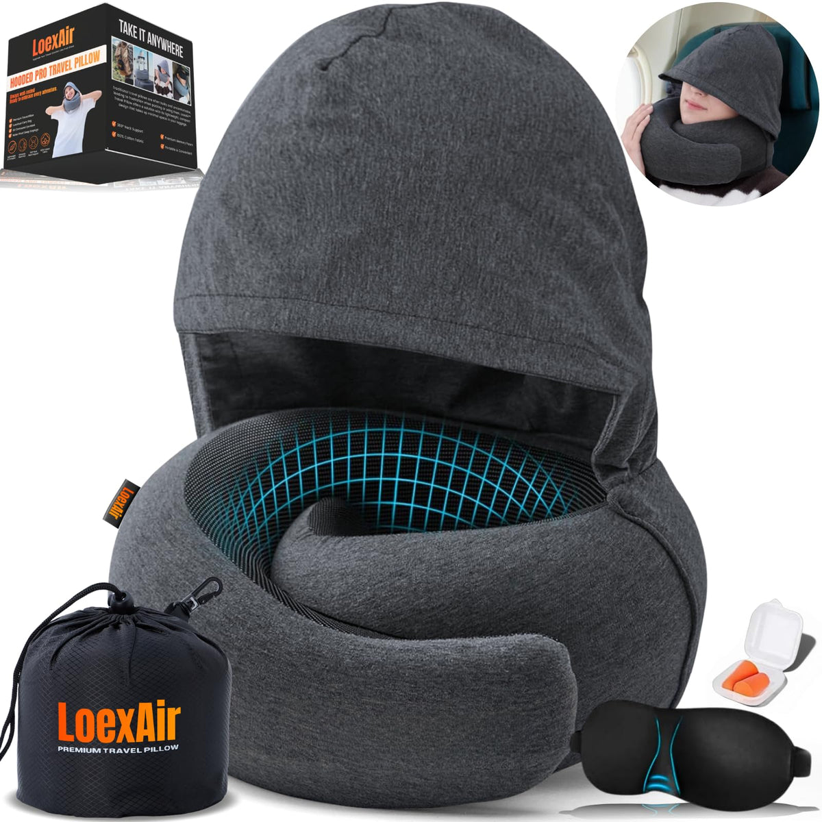 LOEXAIR™ Travel Pillow, Neck Pillow Travel for Airplane, Car - 100% Cotton Fabric & Memory Foam Plane Pillow, Lightweight & Easy-to-Carry on Flight, Full Travel Set