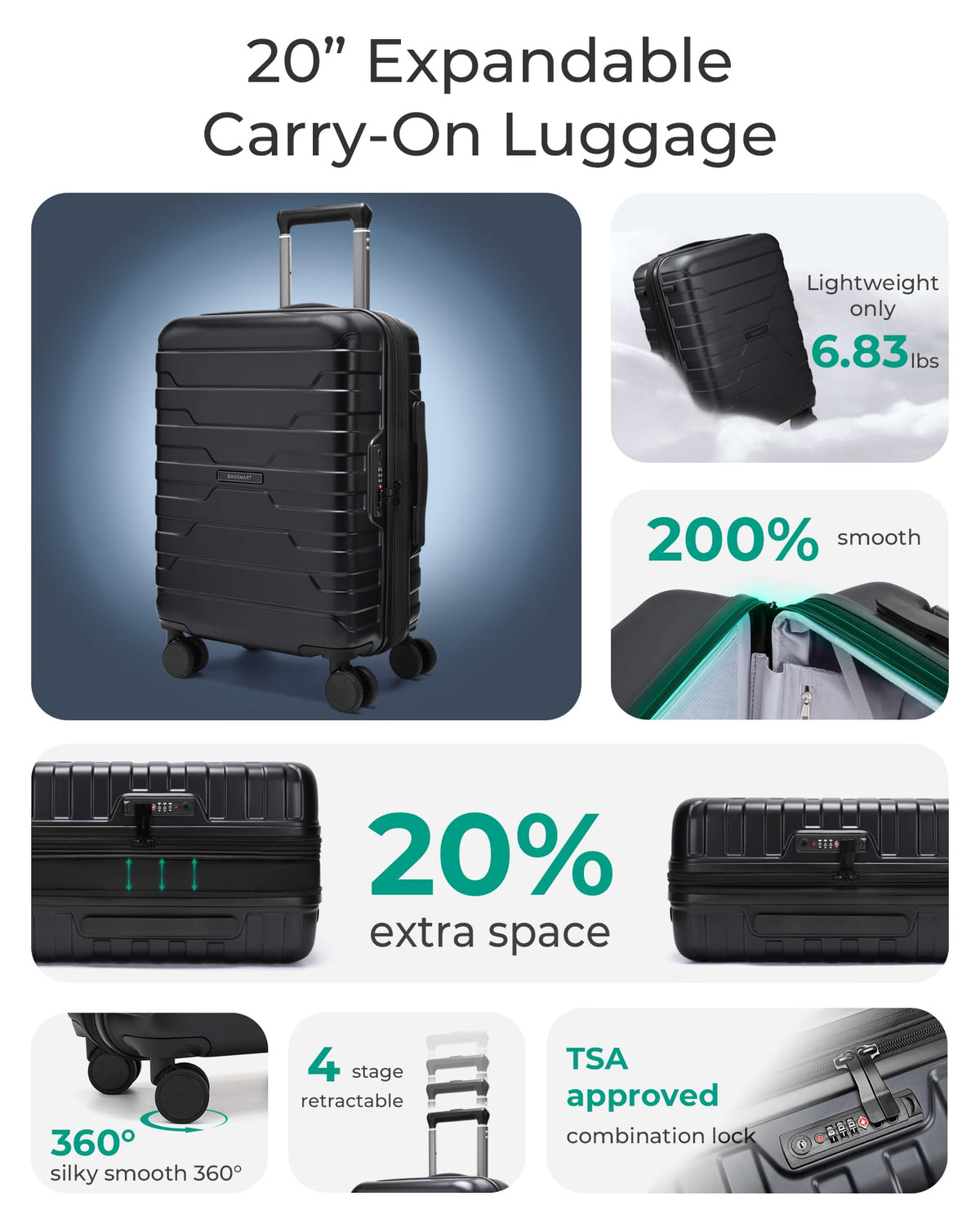 BAGSMART Carry On Luggage 22x14x9 Airline Approved with Spinner Wheels,Lightweight Luggage with TSA Lock,Expandable Hard Shell Carry On Suitcases for Men Women