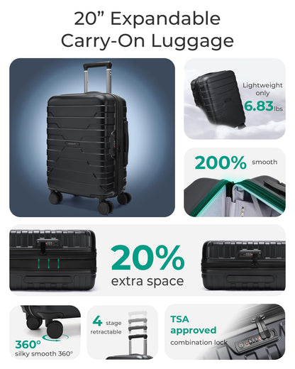 BAGSMART Carry On Luggage 22x14x9 Airline Approved with Spinner Wheels,Lightweight Luggage with TSA Lock,Expandable Hard Shell Carry On Suitcases for Men Women