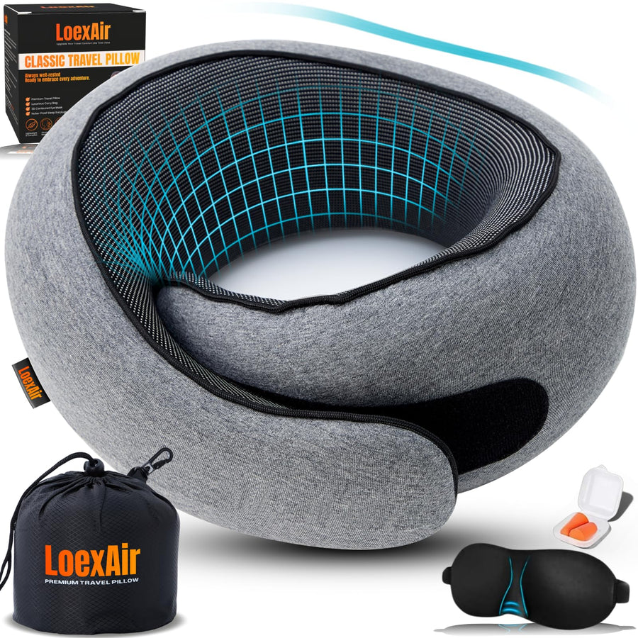 LOEXAIR™ Travel Pillow, Neck Pillow Travel for Airplane, Car - 100% Cotton Fabric & Memory Foam Plane Pillow, Lightweight & Easy-to-Carry on Flight, Full Travel Set