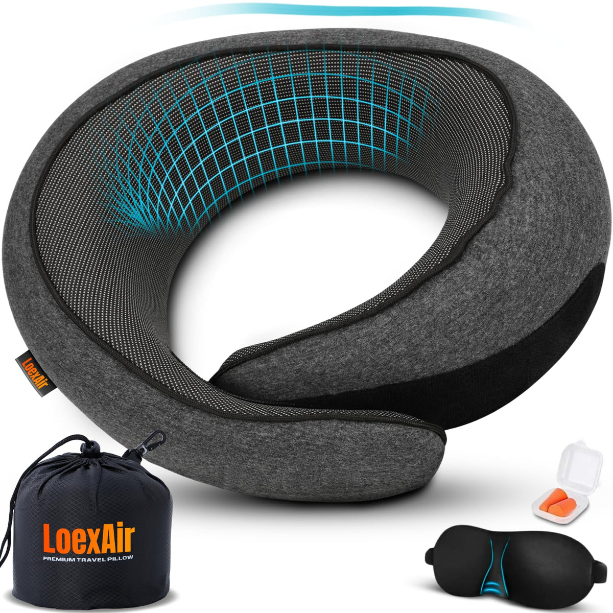 LOEXAIR™ Travel Pillow, Neck Pillow Travel for Airplane, Car - 100% Cotton Fabric & Memory Foam Plane Pillow, Lightweight & Easy-to-Carry on Flight, Full Travel Set