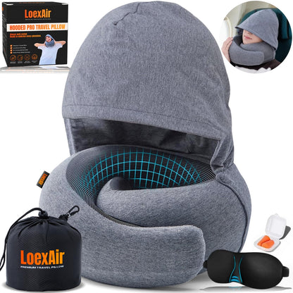 LOEXAIR™ Travel Pillow, Neck Pillow Travel for Airplane, Car - 100% Cotton Fabric & Memory Foam Plane Pillow, Lightweight & Easy-to-Carry on Flight, Full Travel Set